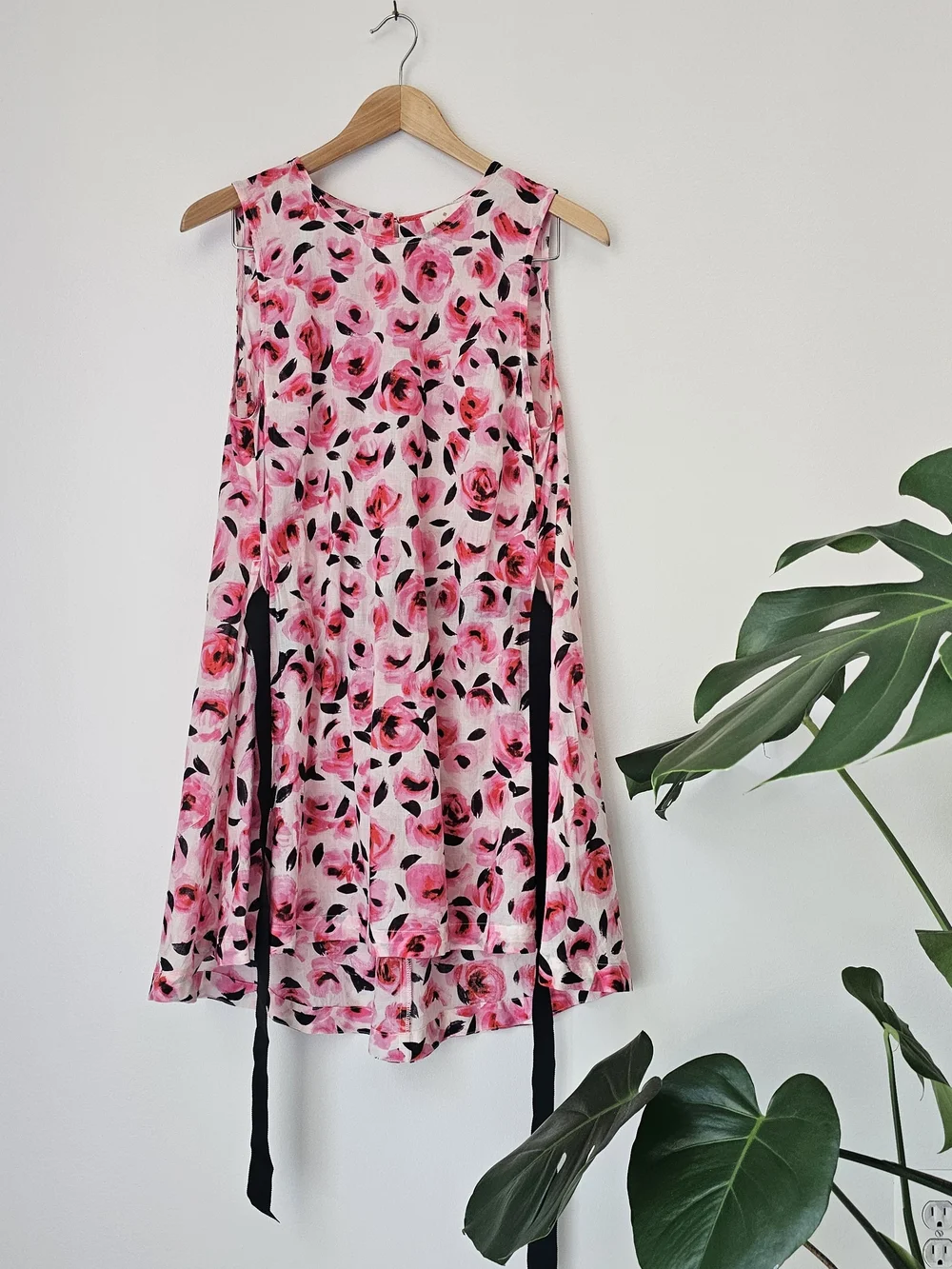 Kate Spade Pink Floral Sleeveless High-Low Dress with Black Waist Tie